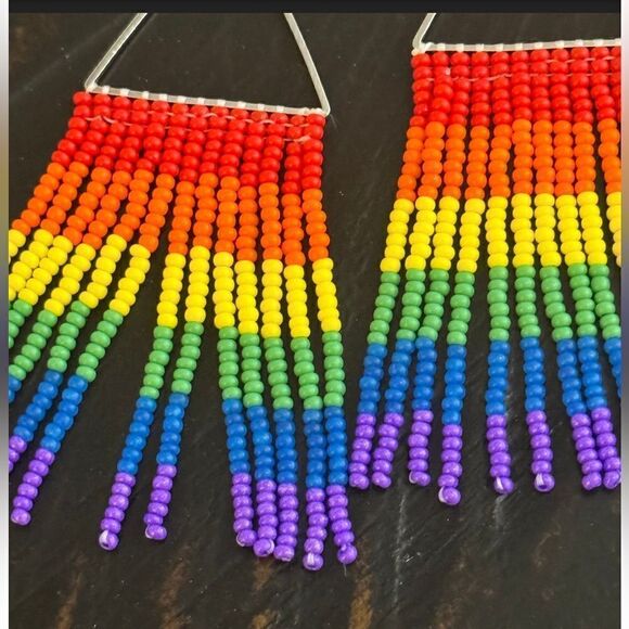 Handmade Love Is Love - LGBTQ+ Pride Beaded Rainbow Fringe Earrings - Picture 4 of 6
